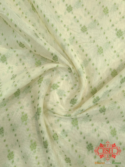 Off White/Mehandi Green Woven Banarasi Cotton Saree - Bharat Silk House Banarasi Cotton