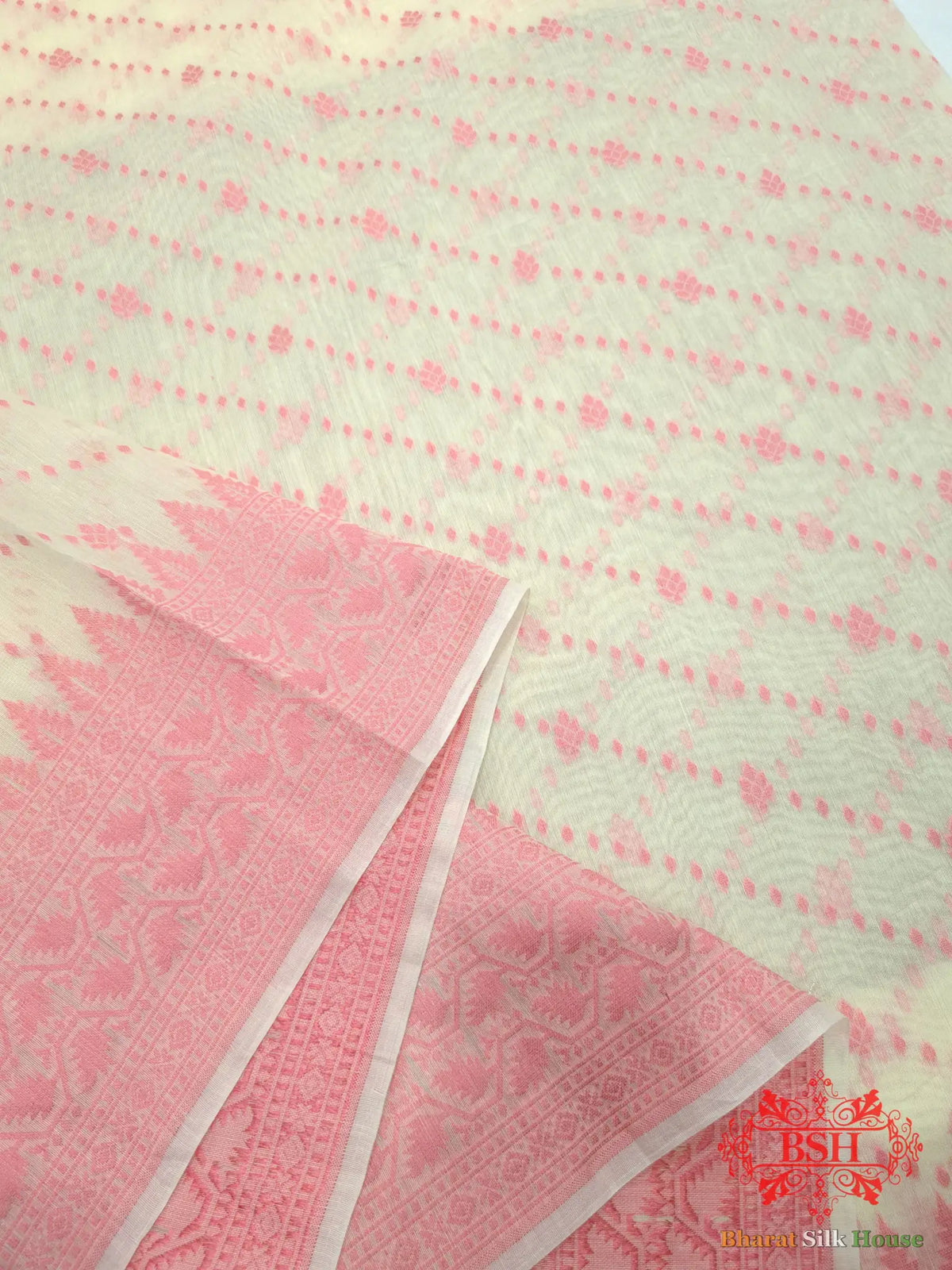 Off White/Peach Woven Banarasi Cotton Saree - Bharat Silk House Banarasi Cotton