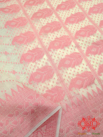 Off White/Peach Woven Banarasi Cotton Saree - Bharat Silk House Banarasi Cotton
