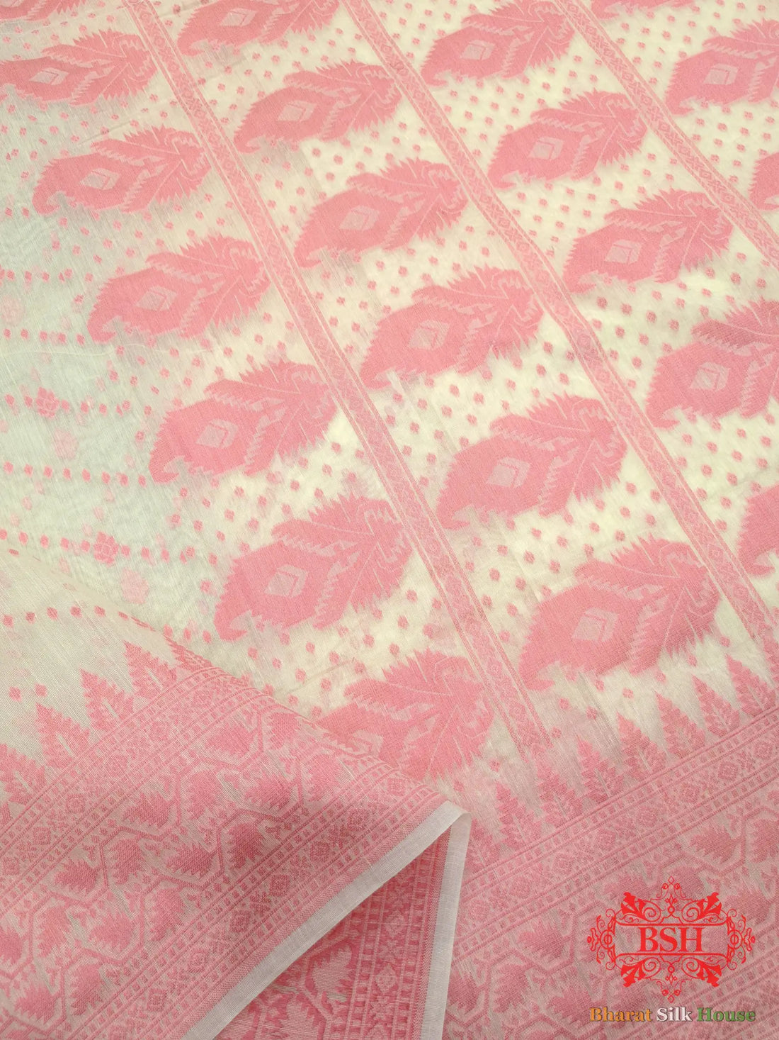 Off White/Peach Woven Banarasi Cotton Saree - Bharat Silk House Banarasi Cotton