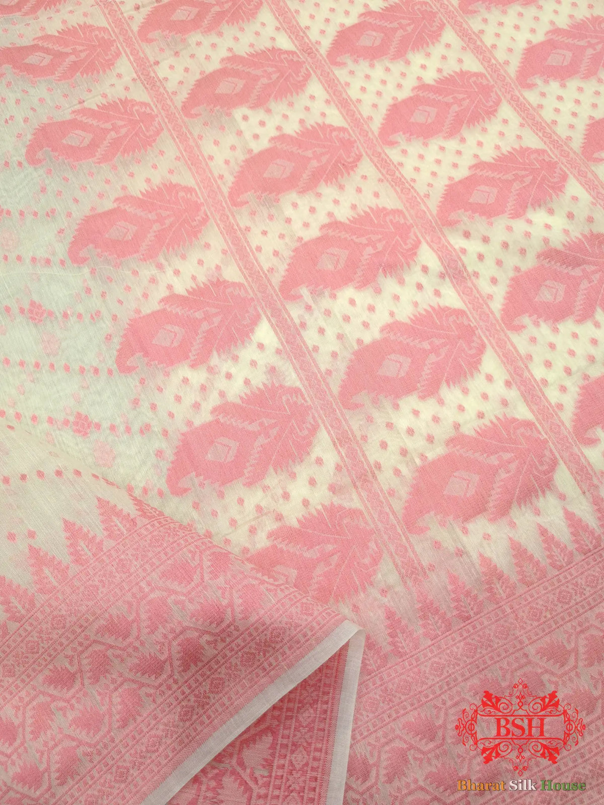 Off White/Peach Woven Banarasi Cotton Saree - Bharat Silk House Banarasi Cotton