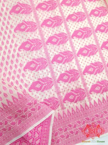 Off White/Pink Woven Banarasi Cotton Saree - Bharat Silk House Banarasi Cotton
