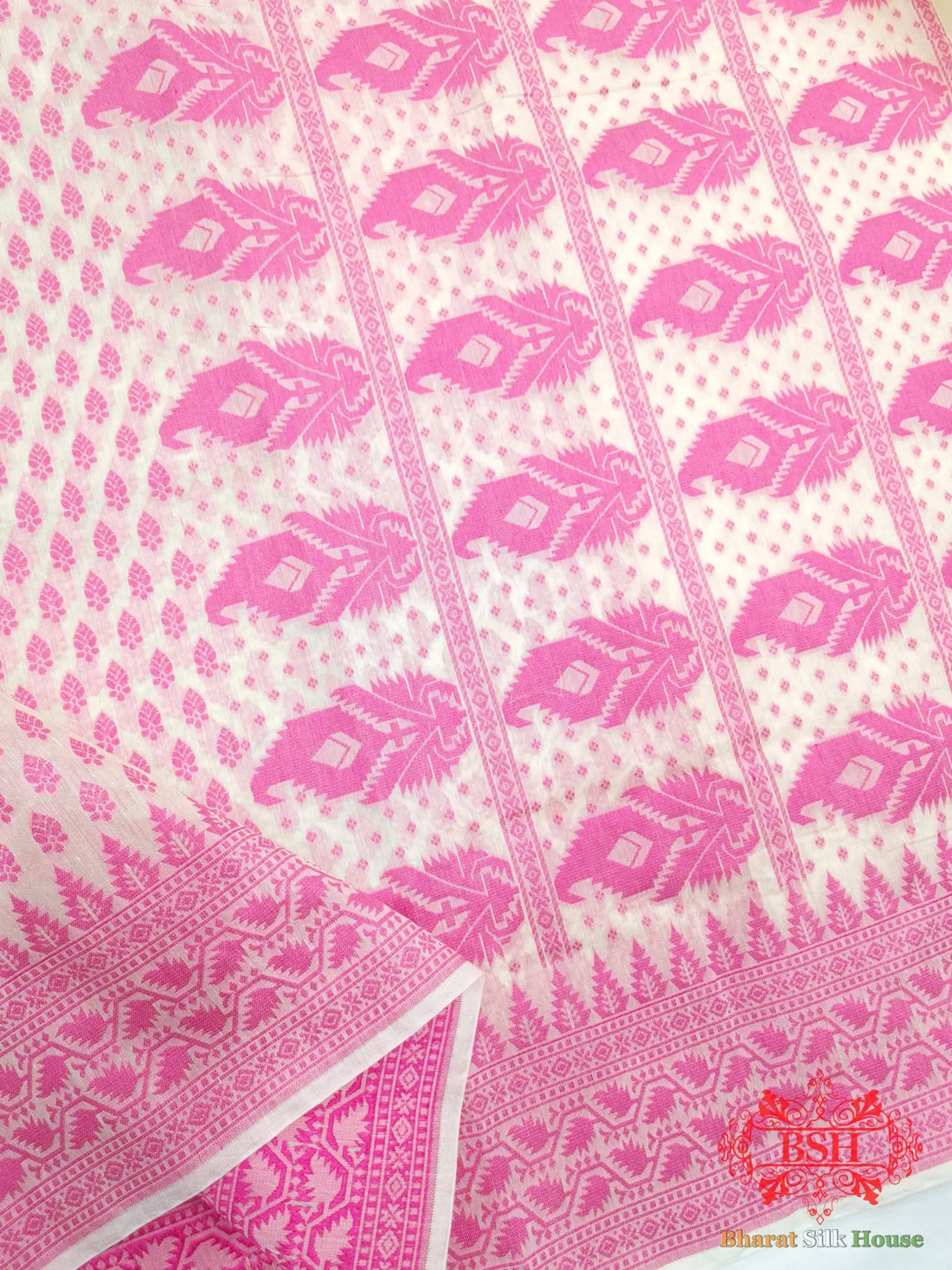 Off White/Pink Woven Banarasi Cotton Saree - Bharat Silk House Banarasi Cotton