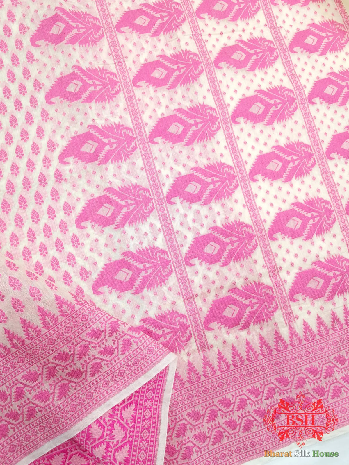 Off White/Pink Woven Banarasi Cotton Saree - Bharat Silk House Banarasi Cotton