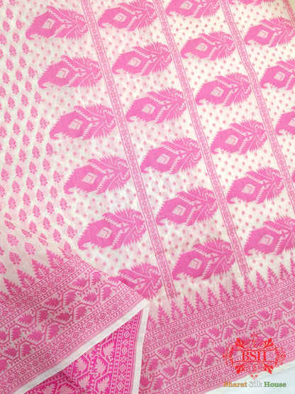 Off White/Pink Woven Banarasi Cotton Saree - Bharat Silk House Banarasi Cotton