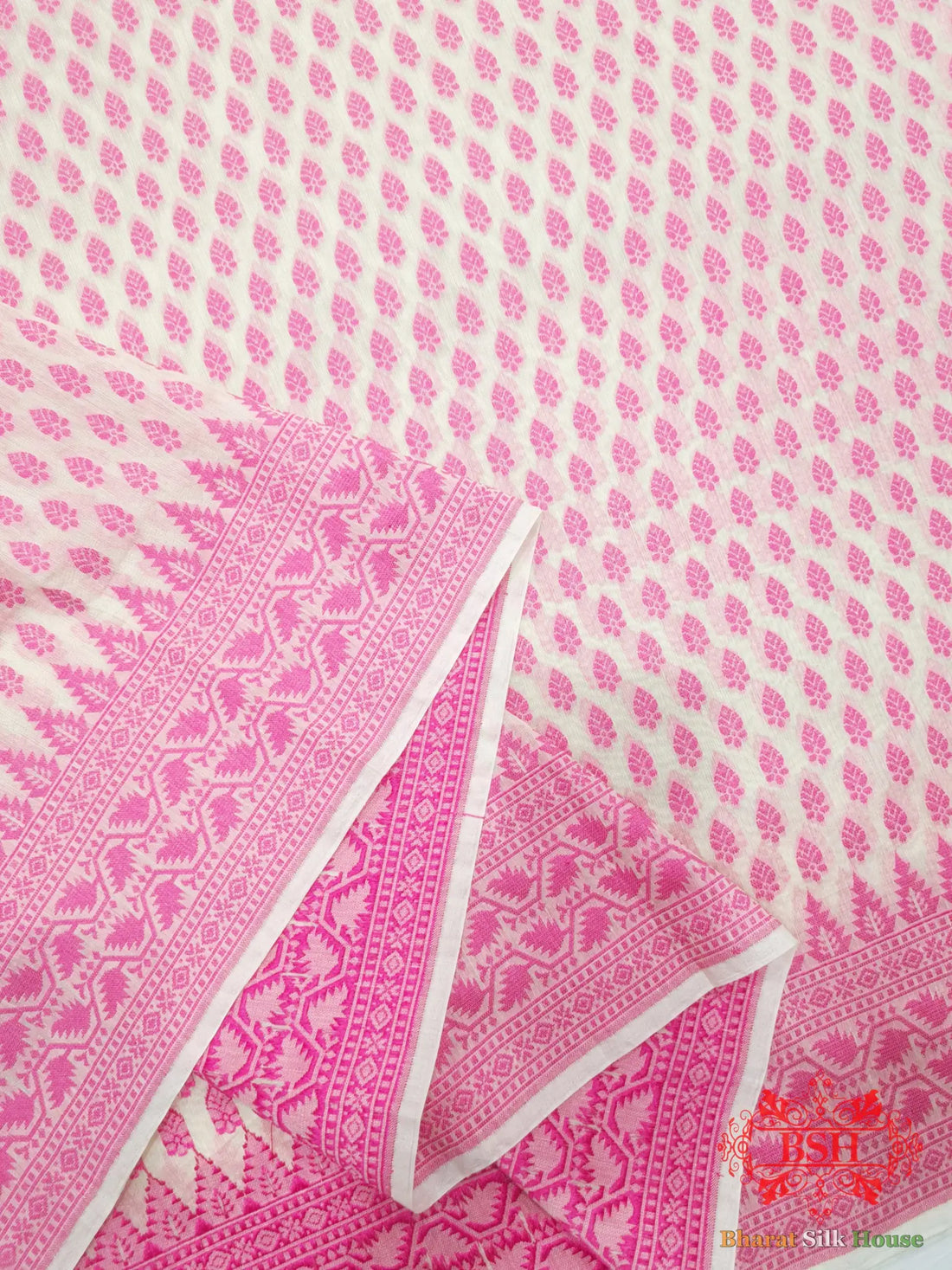 Off White/Pink Woven Banarasi Cotton Saree - Bharat Silk House Banarasi Cotton