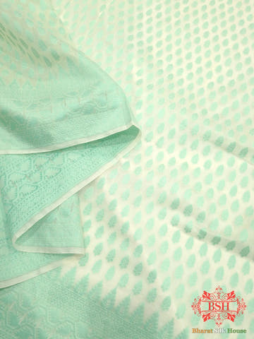 Off White/Rama Green Woven Banarasi Cotton Saree - Bharat Silk House Banarasi Cotton