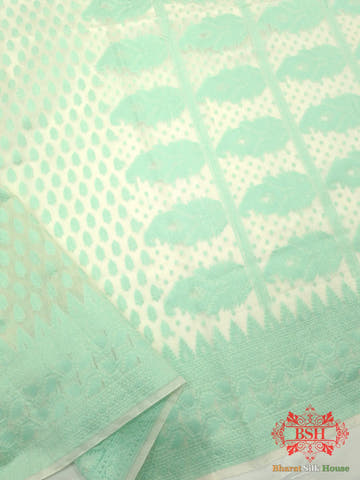 Off White/Rama Green Woven Banarasi Cotton Saree - Bharat Silk House Banarasi Cotton