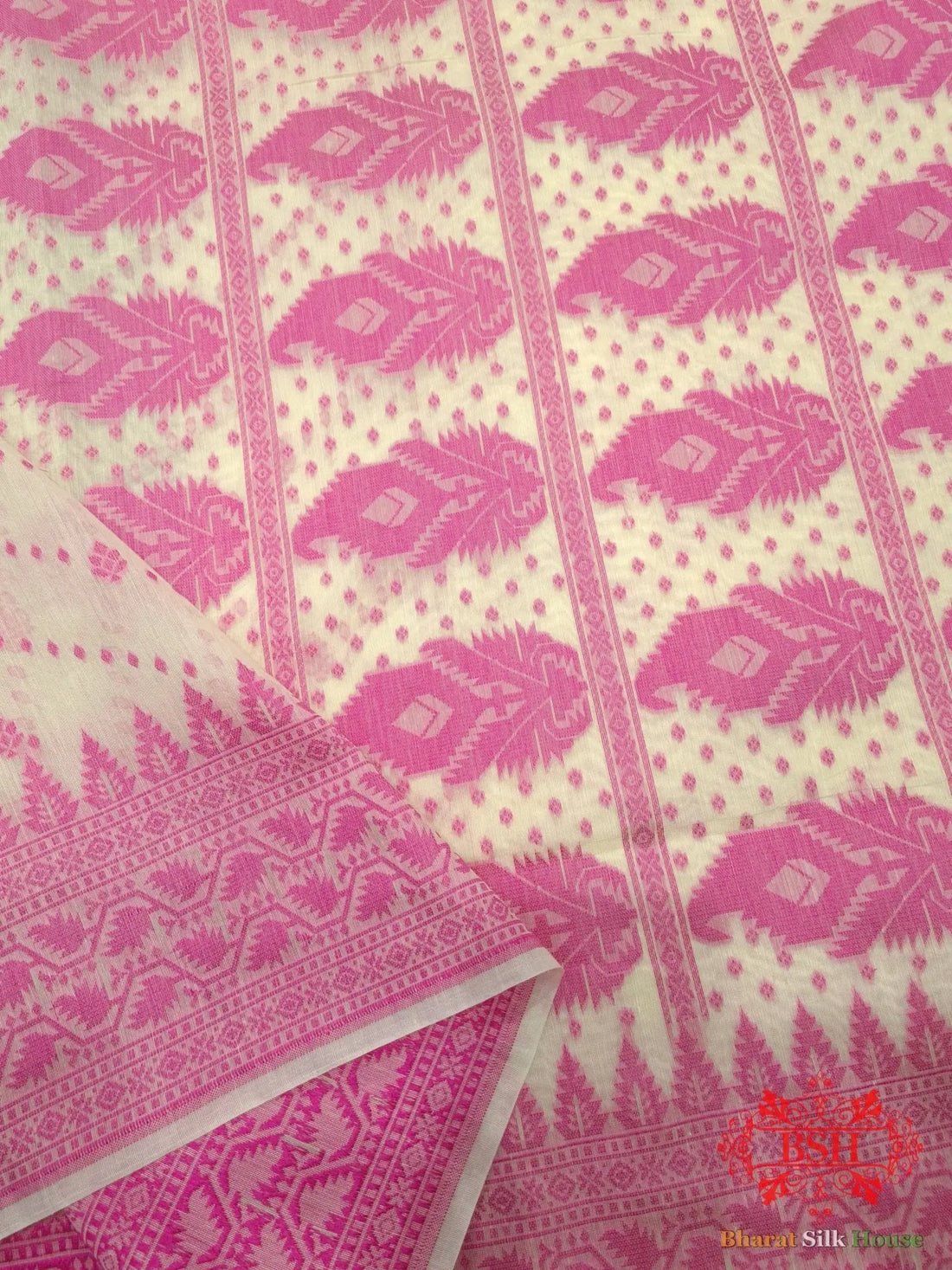 Off White/Rani Woven Banarasi Cotton Saree - Bharat Silk House Banarasi Cotton