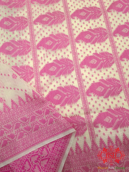 Off White/Rani Woven Banarasi Cotton Saree - Bharat Silk House Banarasi Cotton