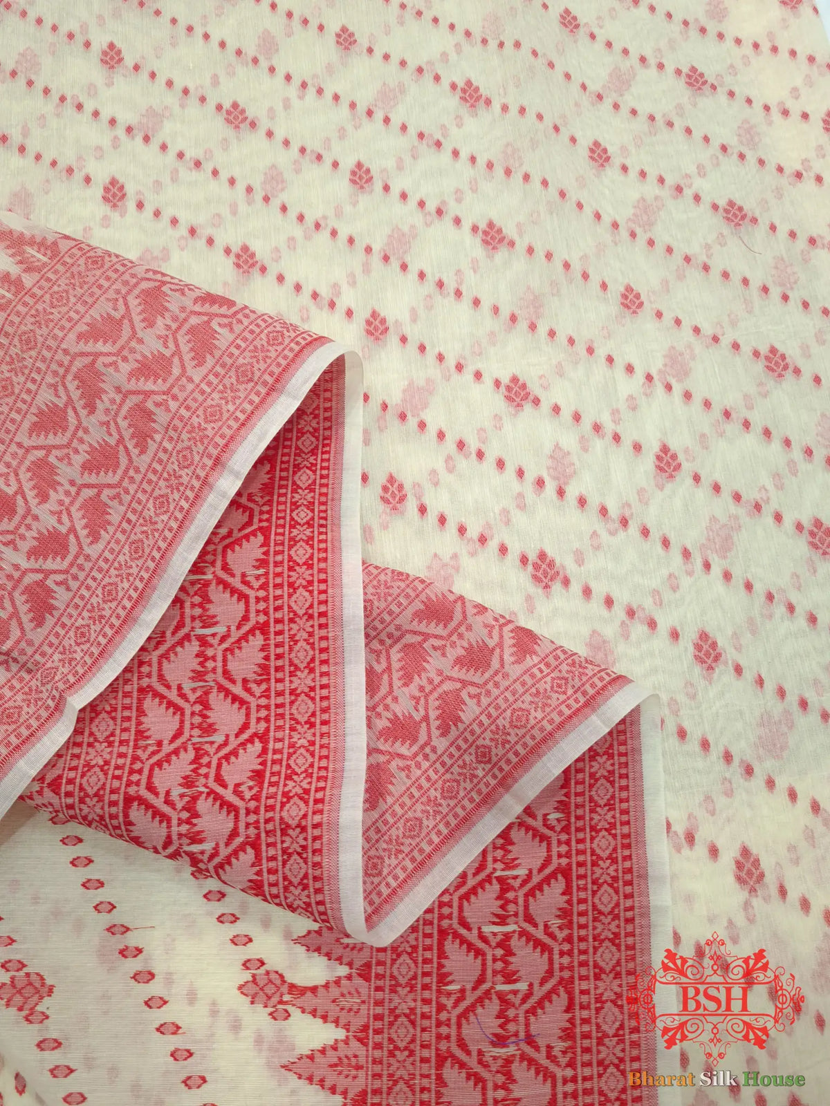 Off White/Red Woven Banarasi Cotton Saree - Bharat Silk House Banarasi Cotton