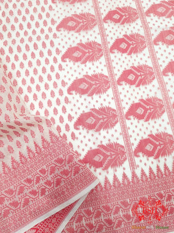 Off White/Red Woven Banarasi Cotton Saree - Bharat Silk House Banarasi Cotton
