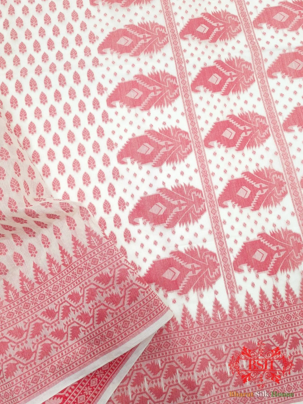 Off White/Red Woven Banarasi Cotton Saree - Bharat Silk House Banarasi Cotton