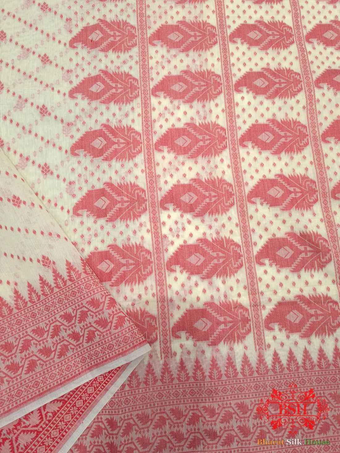 Off White/Red Woven Banarasi Cotton Saree - Bharat Silk House Banarasi Cotton