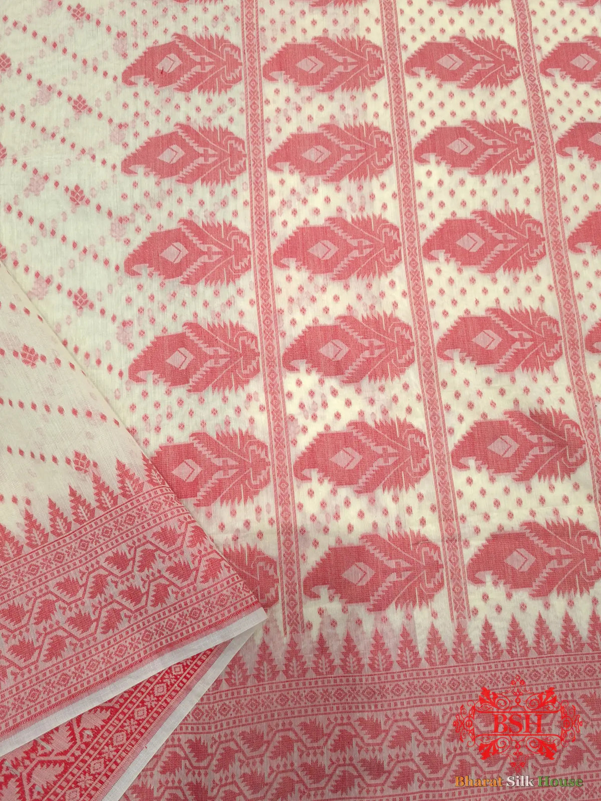 Off White/Red Woven Banarasi Cotton Saree - Bharat Silk House Banarasi Cotton