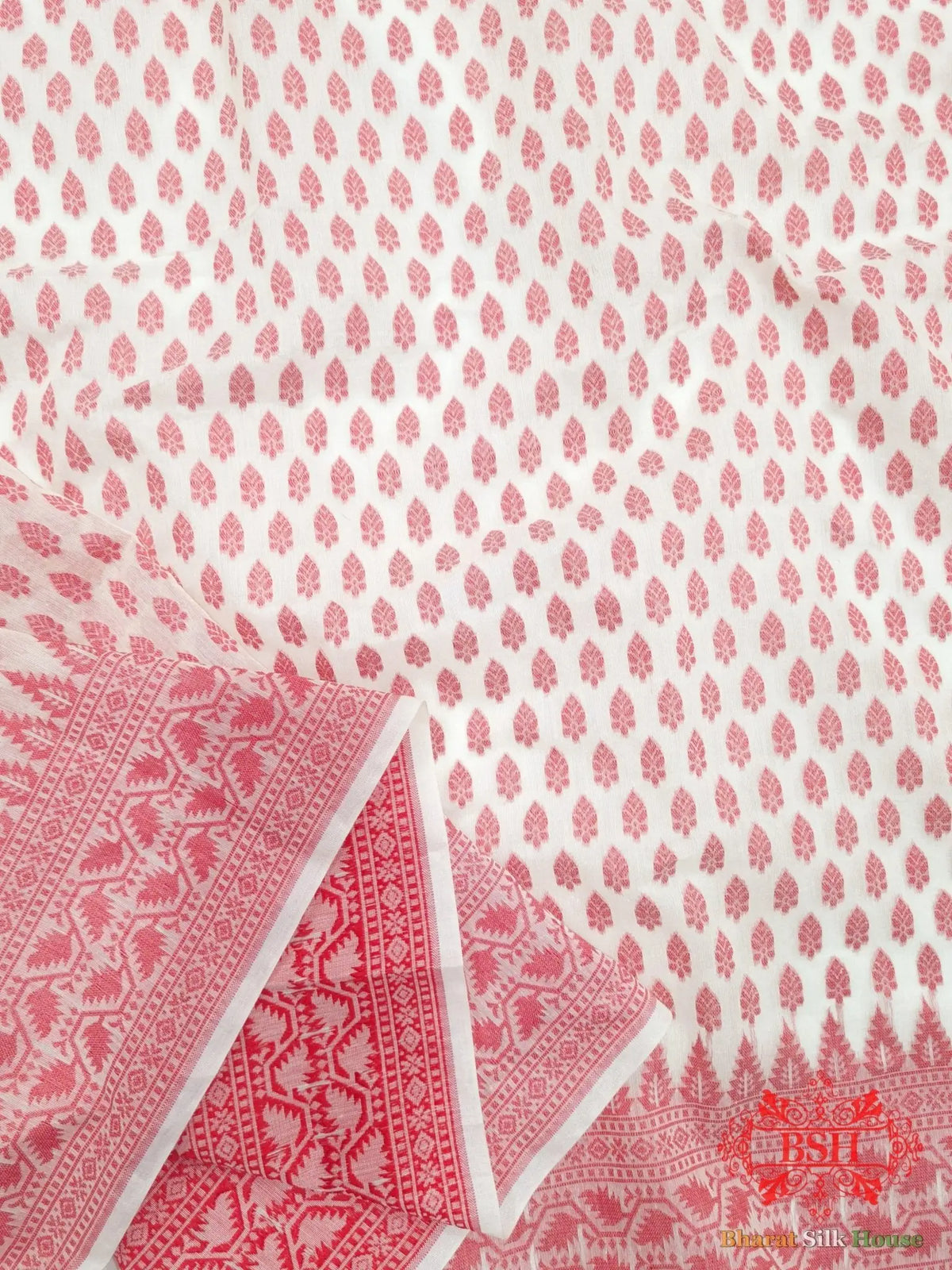 Off White/Red Woven Banarasi Cotton Saree - Bharat Silk House Banarasi Cotton