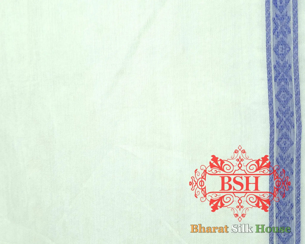 Off White/Royal Blue Woven Banarasi Cotton Saree - Bharat Silk House Banarasi Cotton
