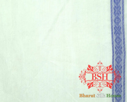 Off White/Royal Blue Woven Banarasi Cotton Saree - Bharat Silk House Banarasi Cotton