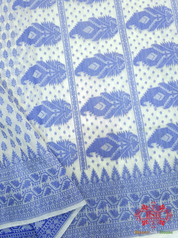 Off White/Royal Blue Woven Banarasi Cotton Saree - Bharat Silk House Banarasi Cotton