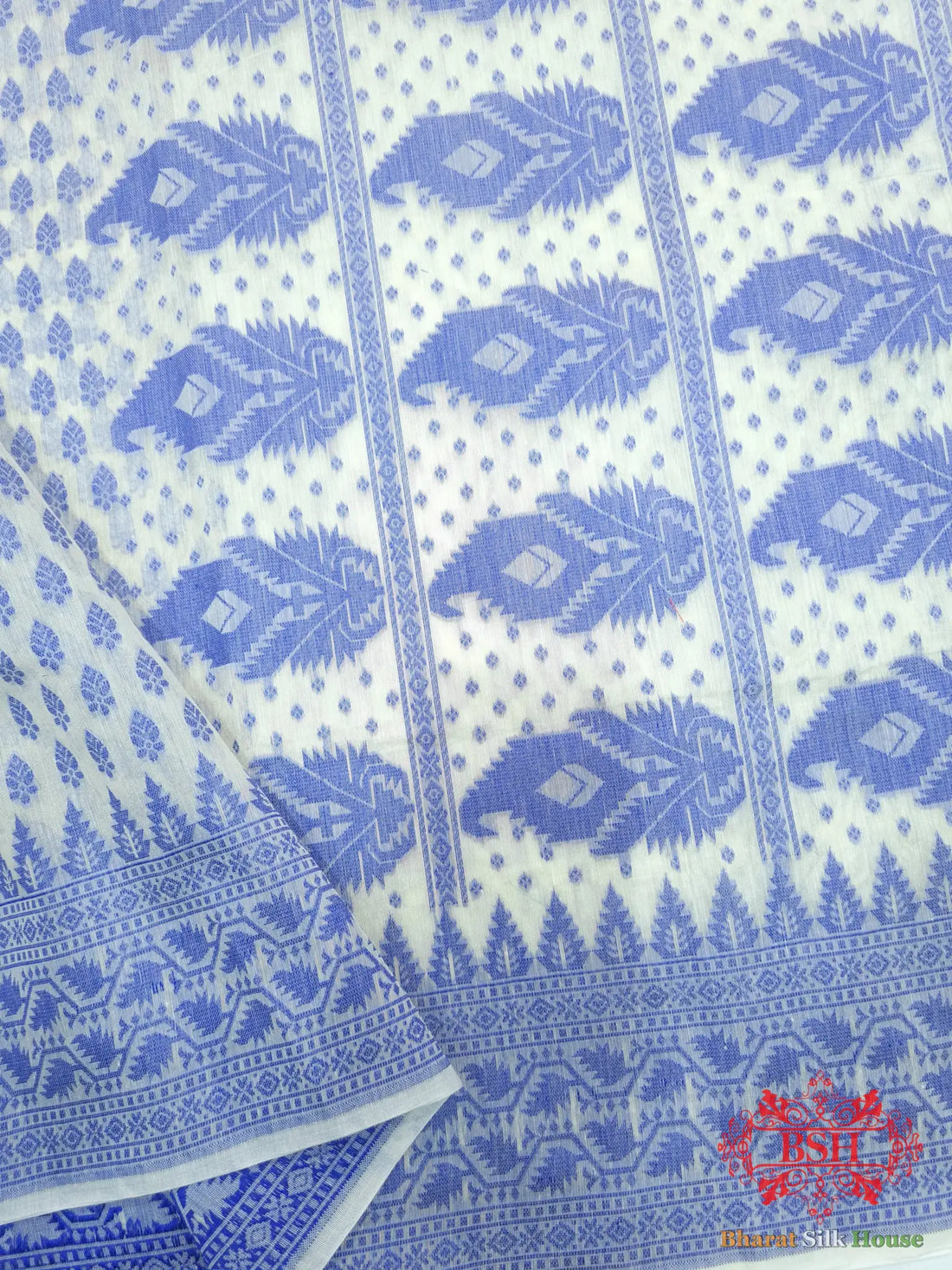 Off White/Royal Blue Woven Banarasi Cotton Saree - Bharat Silk House Banarasi Cotton