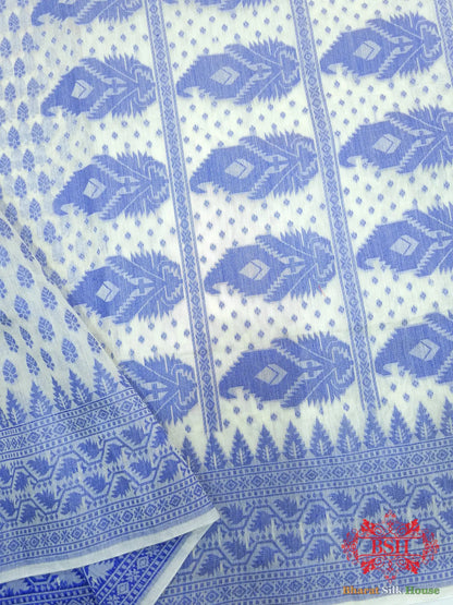 Off White/Royal Blue Woven Banarasi Cotton Saree - Bharat Silk House Banarasi Cotton