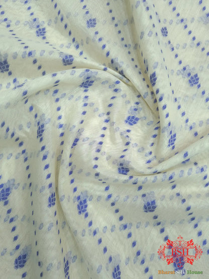 Off White/Royal Blue Woven Banarasi Cotton Saree - Bharat Silk House Banarasi Cotton