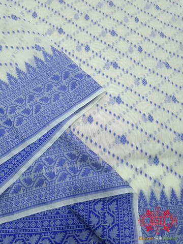 Off White/Royal Blue Woven Banarasi Cotton Saree - Bharat Silk House Banarasi Cotton