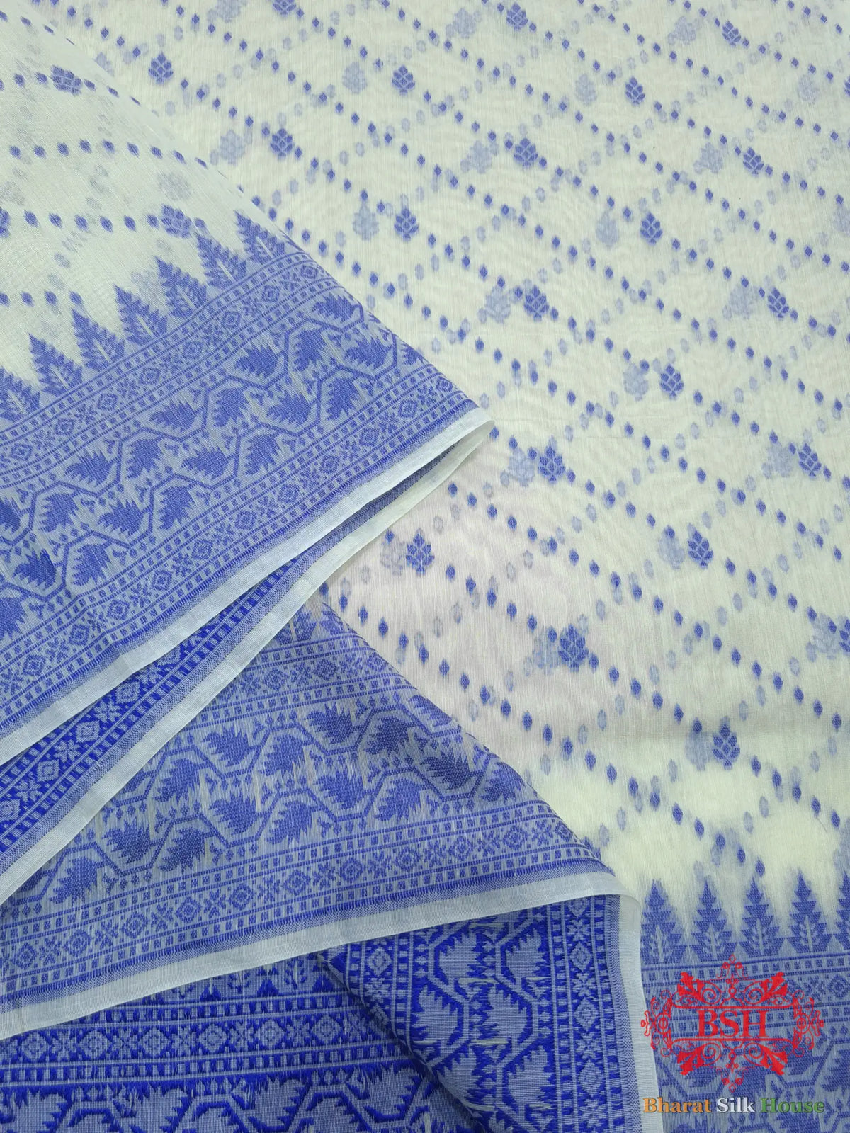 Off White/Royal Blue Woven Banarasi Cotton Saree - Bharat Silk House Banarasi Cotton