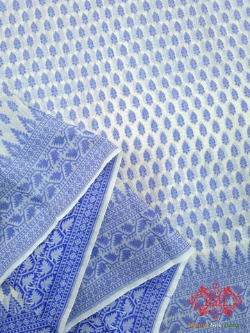 Off White/Royal Blue Woven Banarasi Cotton Saree - Bharat Silk House Banarasi Cotton