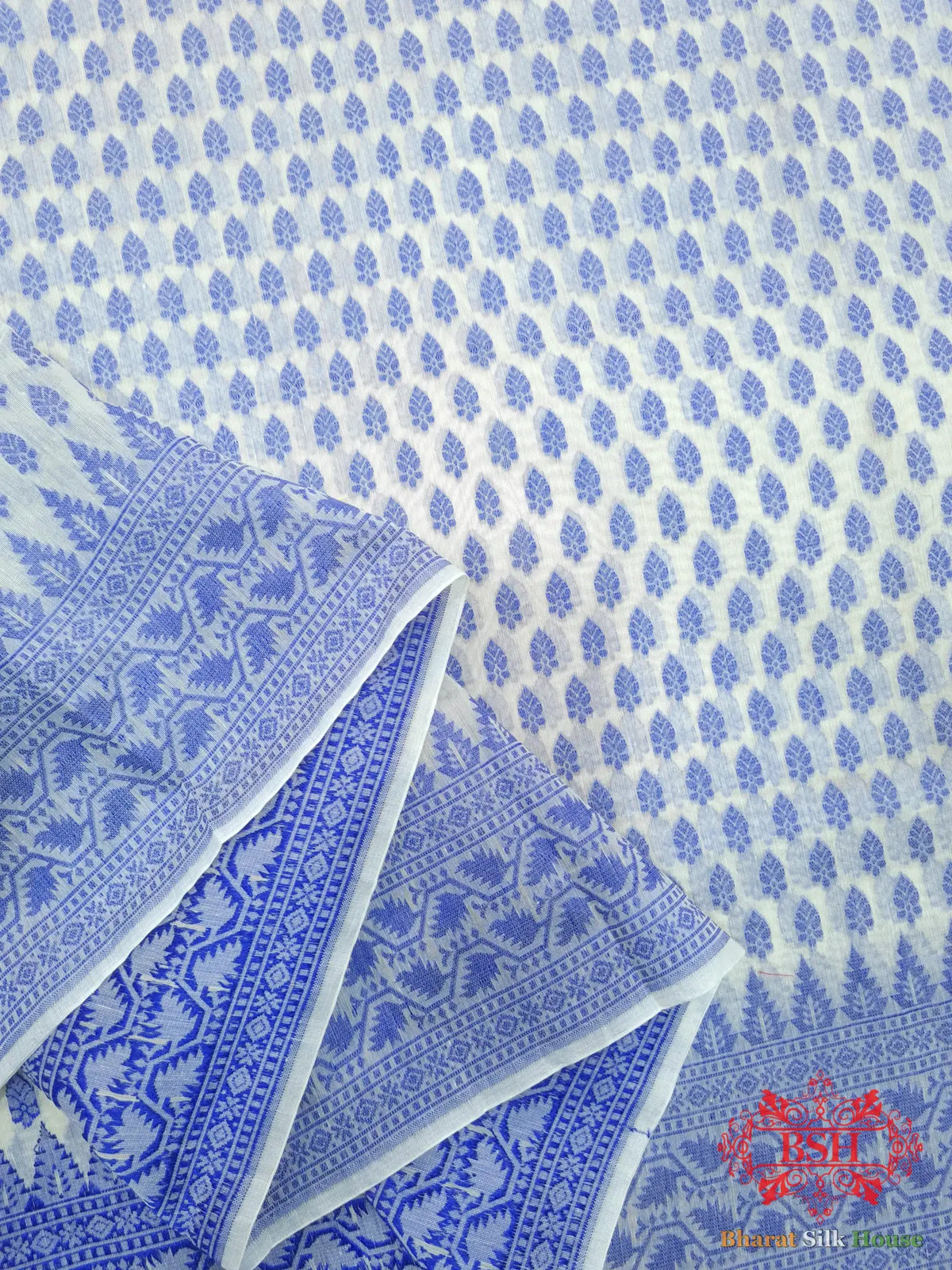 Off White/Royal Blue Woven Banarasi Cotton Saree - Bharat Silk House Banarasi Cotton