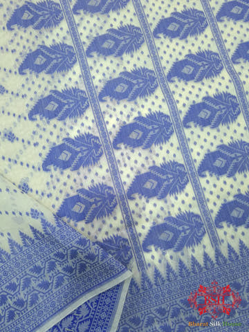 Off White/Royal Blue Woven Banarasi Cotton Saree - Bharat Silk House Banarasi Cotton