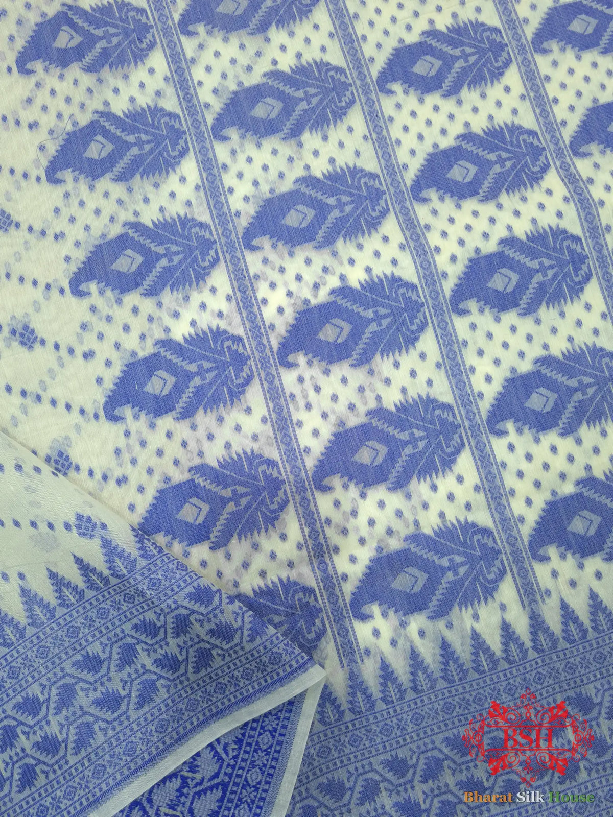 Off White/Royal Blue Woven Banarasi Cotton Saree - Bharat Silk House Banarasi Cotton