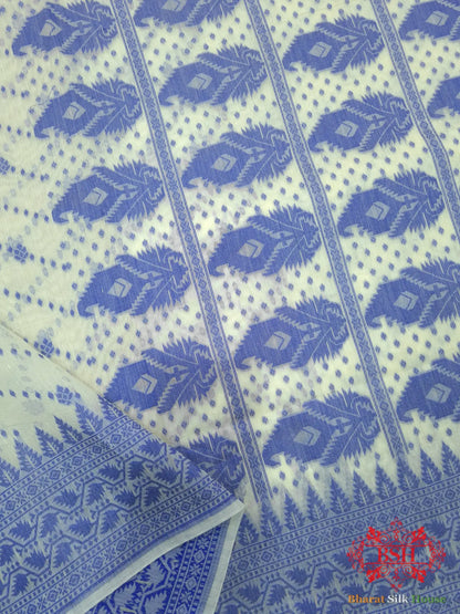 Off White/Royal Blue Woven Banarasi Cotton Saree - Bharat Silk House Banarasi Cotton