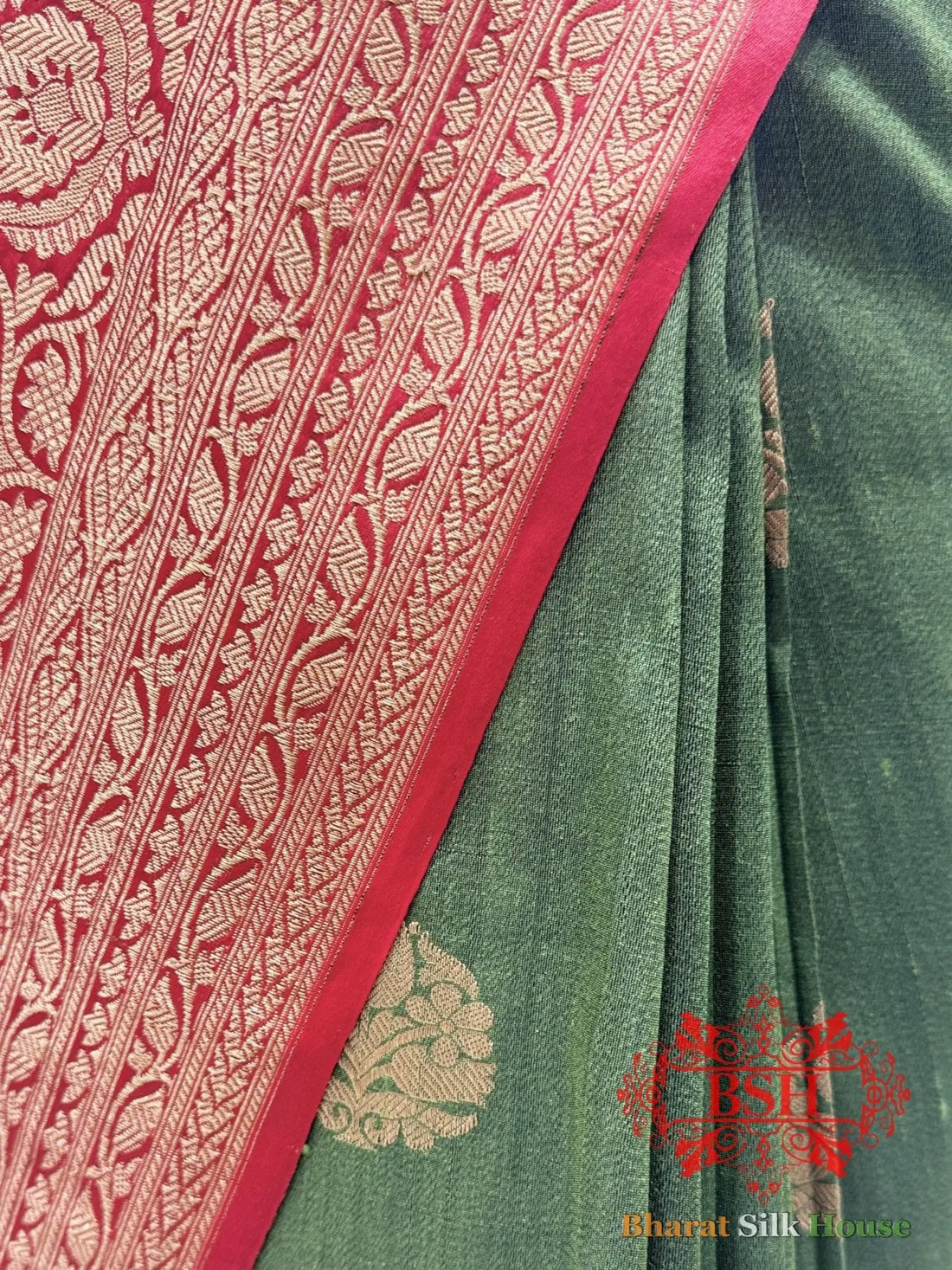 Olive Green Pure Tussar Moonga Silk Handloom Sare With Zari Border - Bharat Silk House Tussar