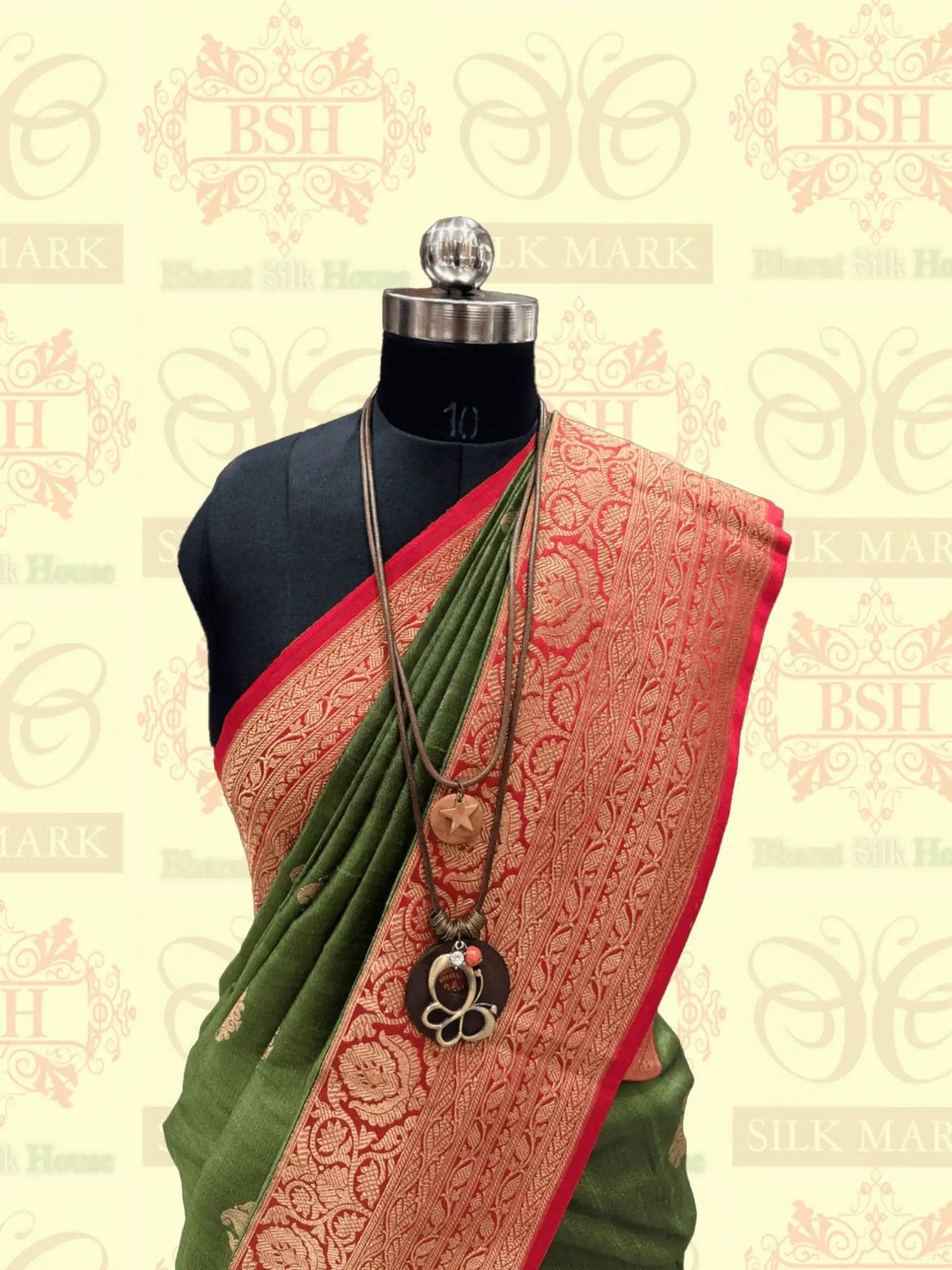 Olive Green Pure Tussar Moonga Silk Handloom Sare With Zari Border - Bharat Silk House Tussar
