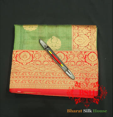 Olive Green Pure Tussar Moonga Silk Handloom Sare With Zari Border - Bharat Silk House Tussar