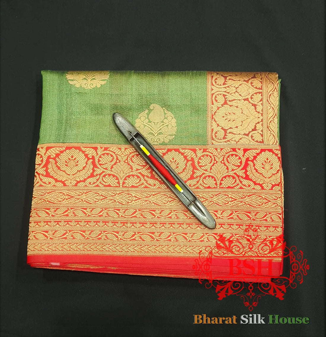 Olive Green Pure Tussar Moonga Silk Handloom Sare With Zari Border - Bharat Silk House Tussar