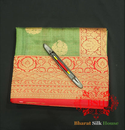 Olive Green Pure Tussar Moonga Silk Handloom Sare With Zari Border - Bharat Silk House Tussar