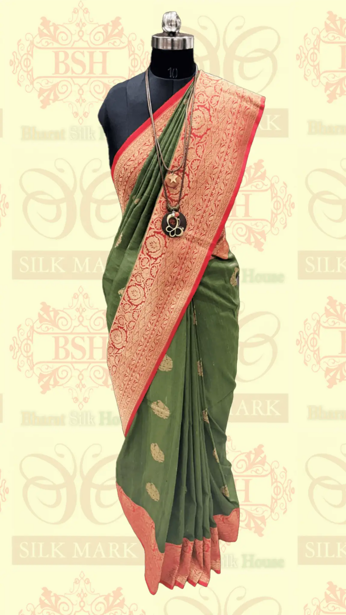 Olive Green Pure Tussar Moonga Silk Handloom Sare With Zari Border - Bharat Silk House Tussar