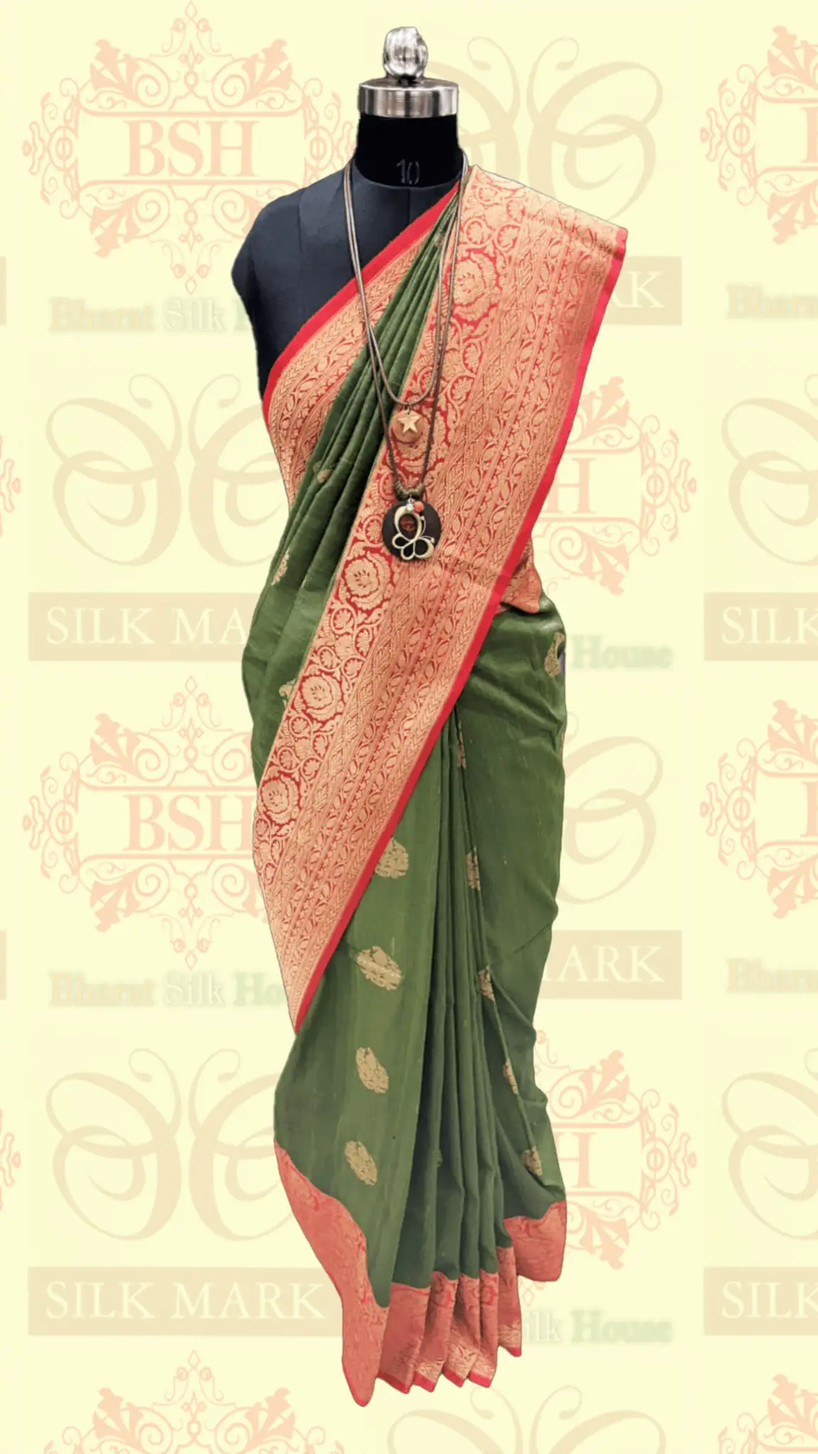 Olive Green Pure Tussar Moonga Silk Handloom Sare With Zari Border - Bharat Silk House Tussar