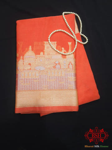 Orange Banarasi Ghats Weaved Silk Saree - Bharat Silk House Semi-Silk