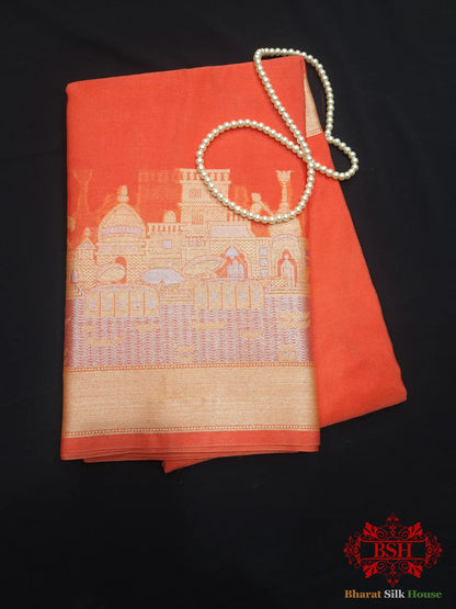 Orange Banarasi Ghats Weaved Silk Saree - Bharat Silk House Semi-Silk