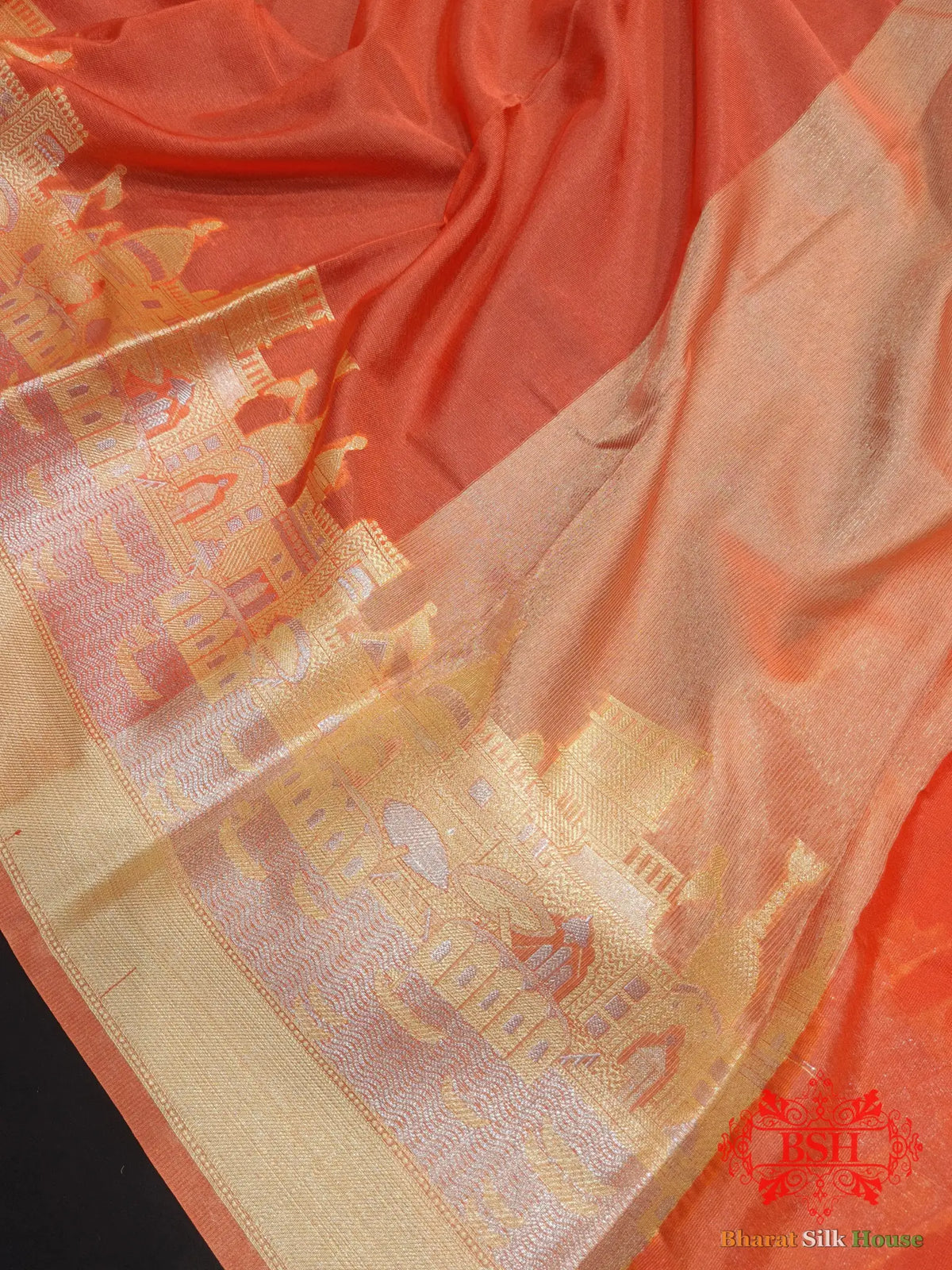 Orange Banarasi Ghats Weaved Silk Saree - Bharat Silk House Semi-Silk