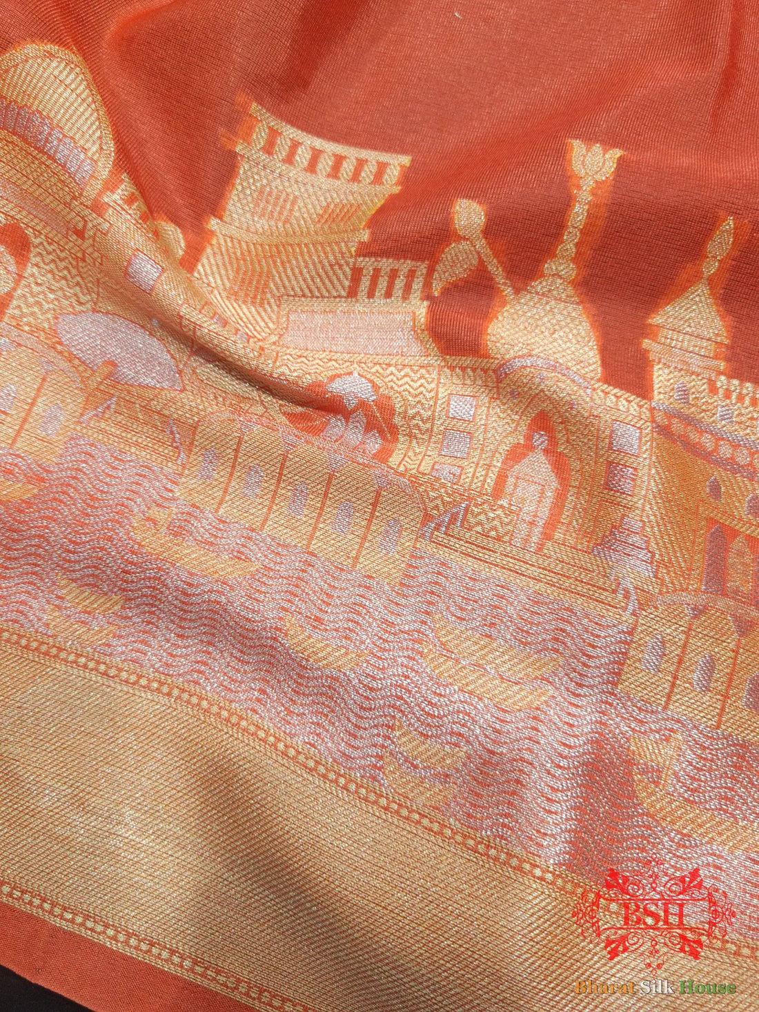 Orange Banarasi Ghats Weaved Silk Saree - Bharat Silk House Semi-Silk