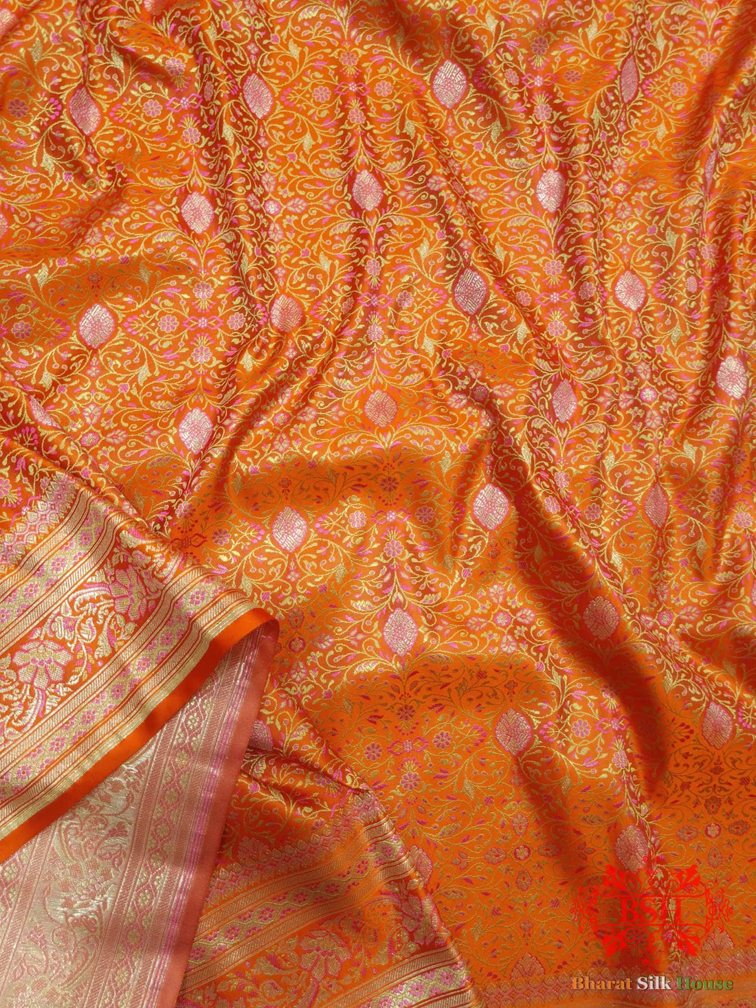 Orange Dohri Resham Zari Booti Tanchoi Silk Saree - Bharat Silk House Tanchoi katan