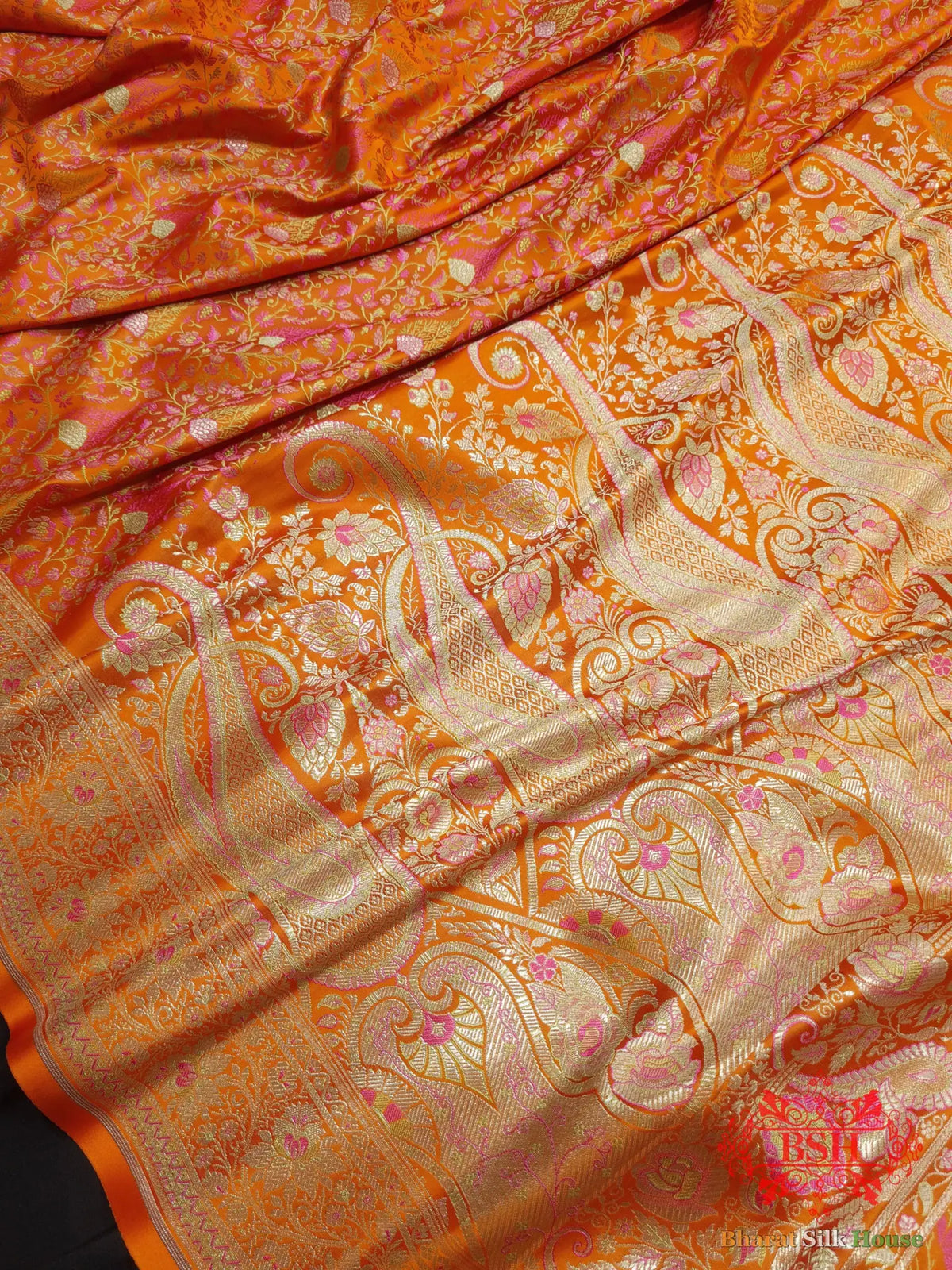 Orange Dohri Resham Zari Booti Tanchoi Silk Saree - Bharat Silk House Tanchoi katan