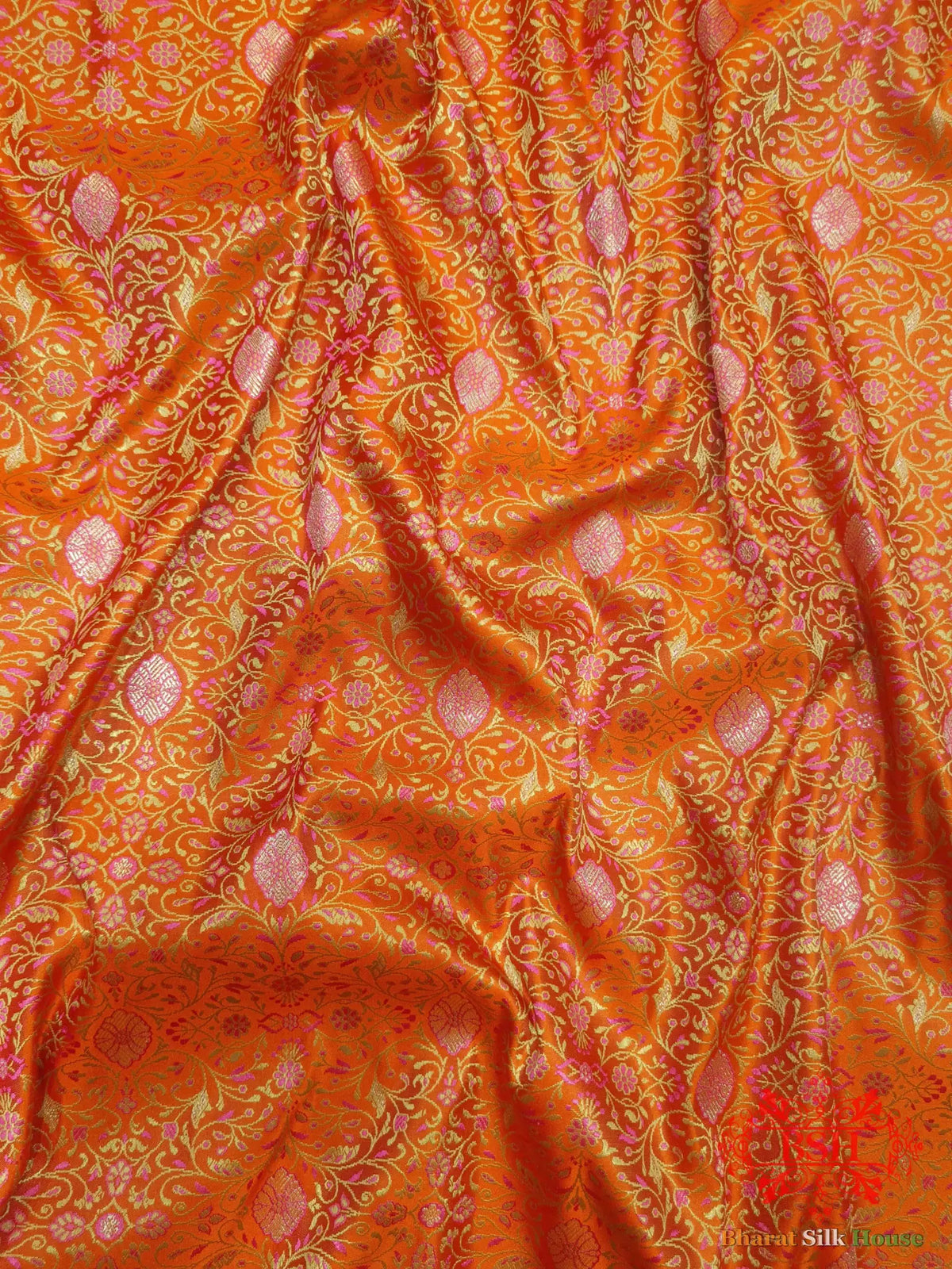 Orange Dohri Resham Zari Booti Tanchoi Silk Saree - Bharat Silk House Tanchoi katan