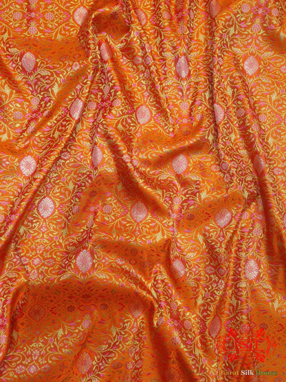 Orange Dohri Resham Zari Booti Tanchoi Silk Saree - Bharat Silk House Tanchoi katan