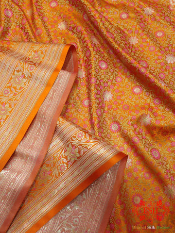 Orange Dohri Resham Zari Booti Tanchoi Silk Saree - Bharat Silk House Tanchoi katan