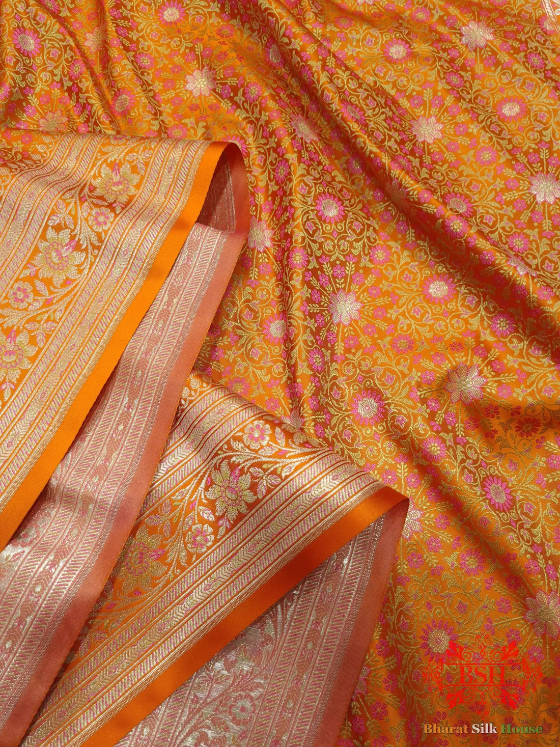 Orange Dohri Resham Zari Booti Tanchoi Silk Saree - Bharat Silk House Tanchoi katan